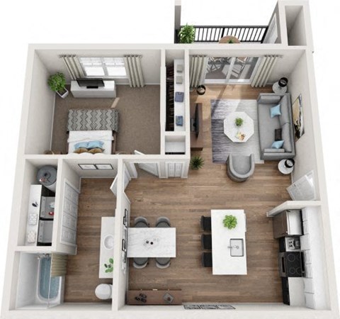 A top-down view of a small apartment with a kitchen, living room, and bathroom.